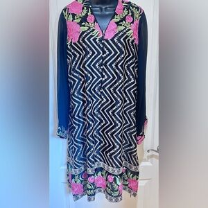 Agha noor kurta look black embroidered w Floral Zigzag Black Dress size M